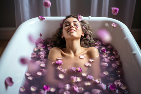 Happy woman enjoying bath time with petals at home. Generative AIの素材