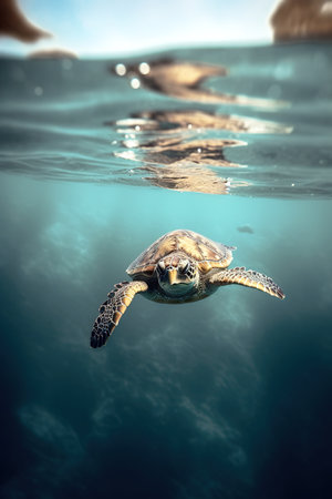 Front view of sea turtle swimming under clear water in the ocean. Generative AI Vertical shotの素材