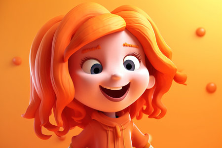 3D character illustration of cute little girl in orange colors. Generative AIの素材