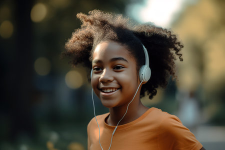 Young African American girl running in the street listening to music with headphones. Generative AIの素材