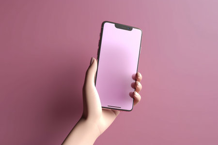 3D render style illustration of hand holding mobile phone over pink background. Generative AIの素材