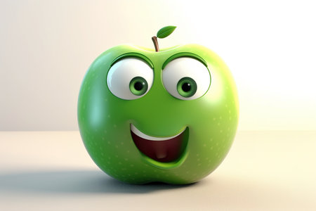 3D cartoonish funny green apple smiling over white background. Generative AIの素材