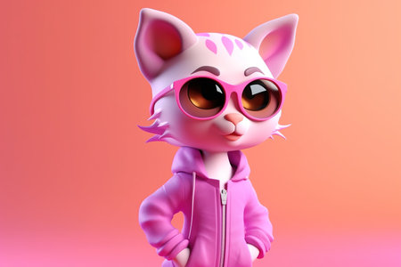 Cool cartoon character of cat with sunglasses and pink jacket over pink background. 3D illustration. Generative AIの素材