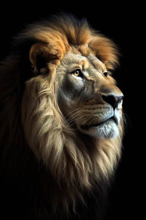 Majestic lion head over black background. Generative AI Vertical shotの素材