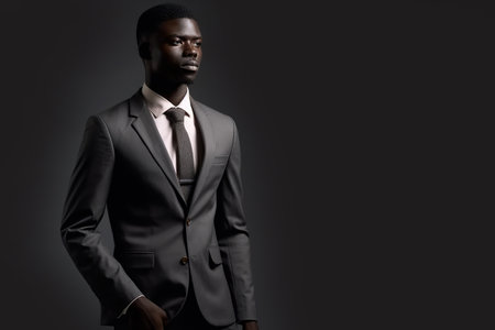 African American man wearing elegant black suit over black background with copy space for text or advertisement. Generative AIの素材