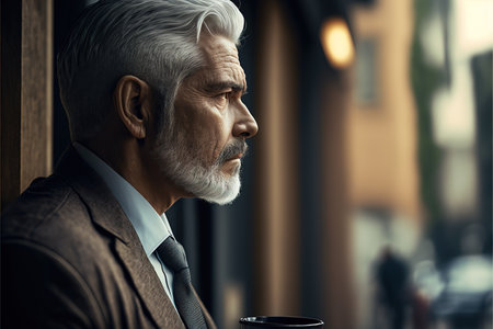 Illustration of attractive senior businessman with a cup of coffee looking through a window in the city. Generative AIの素材