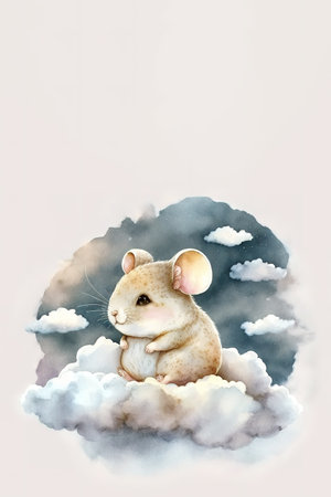 Baby mouse sitting over the clouds. Watercolor painting style. Generative AI illustration with copy space aboveの素材