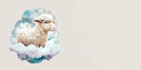 Baby sheep banner in the sky over the clouds. Watercolor painting style. Generative AI illustration with copy spaceの素材