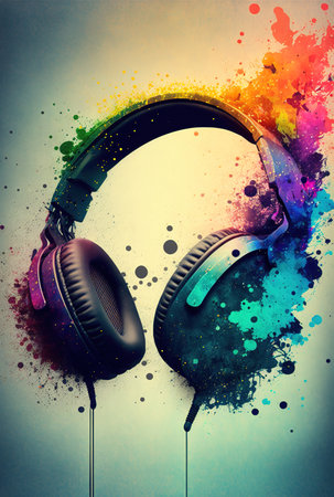 Headphones with colorful abstract painting. Vertical Generative AI illustrationの素材