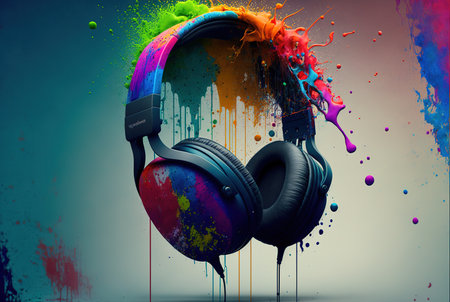 Colorful abstract splash explosion of paint over headphones. Generative AI illustrationの素材