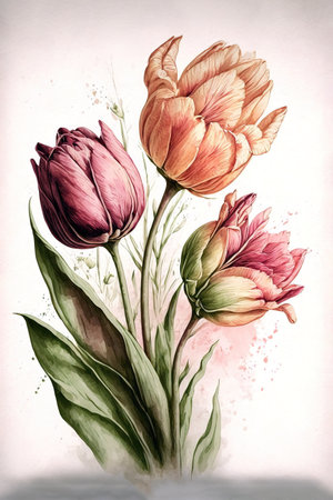 Pink tulip flowers. Watercolor effect painting style. Generative AI vertical illustrationの素材
