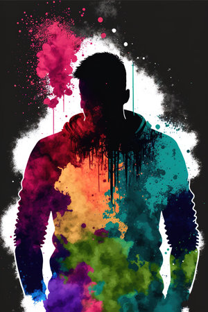 Man's silhouette over colorful abstract background with splashes of paint. Generative AI Vertical illustrationの素材