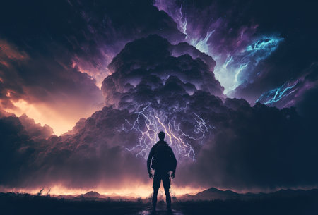 Man's silhouette looking at electric big storm cloud. Generative AI illustrationの素材