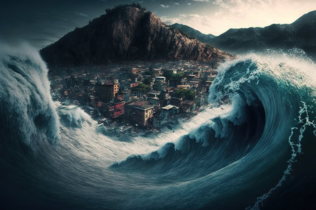Tsunami natural disaster coming to town. Generative AI illustrationの素材
