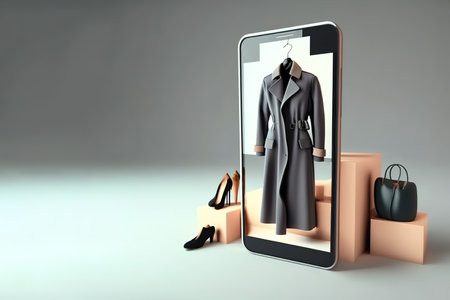 Online shopping mobile app concept. Smartphone showing on screen elegant clothes. Copy space for advertisement. Generative AI illustrationの素材