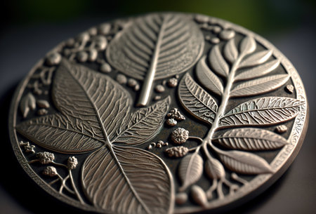 Nickel fictitious coin close up. Metallic textured background. 3D rendering style. Generative AI illustrationの素材