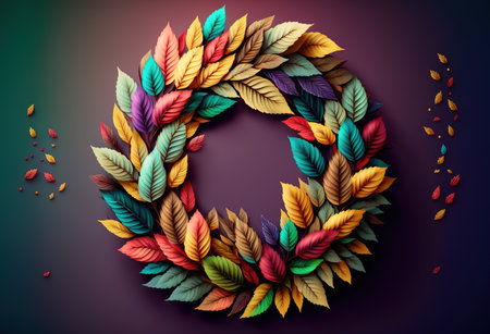 Colorful wreath mad of leaves. Ornamental background. 3D rendering style. Generative AI l illustrationの素材