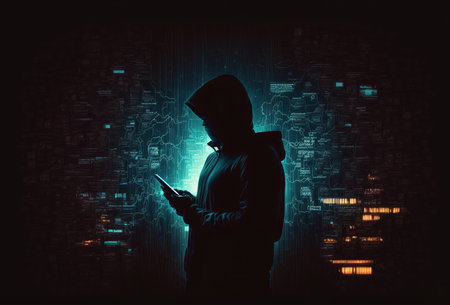 Unrecognizable man using smart phone inside massive data center. Hacking concept massive attack. Generative AI illustrationの素材