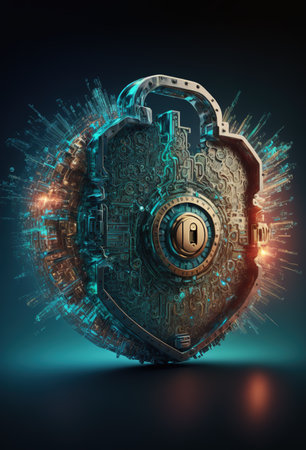 Cybersecurity concept. Big technological 3D shield protection icon. Generative AI vertical illustrationの素材