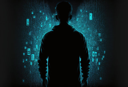 Silhouette of man standing inside data center. Hacker concept. Generative AI illustrationの素材