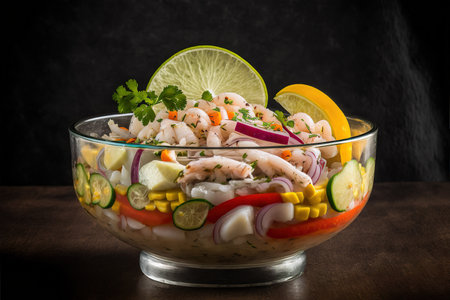Ceviche, famous Peruvian dish made from fresh raw seafood. Dark background. Generative AI illustrationの素材