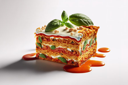 Delicious 3D rendering style of Italian lasagna portion garnished with basil leaf. White background. Generative AI illustrationの素材