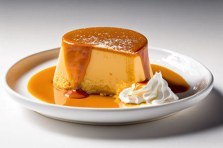 Spanish and South American desert called flan, served with caramel and whipped cream. Generative AI illustrationの素材