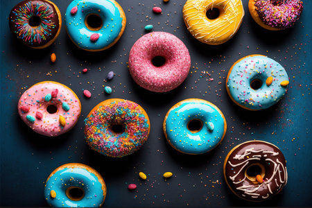 Colorful donuts table top view over dark background. Realistic Generative AI illustrationの素材