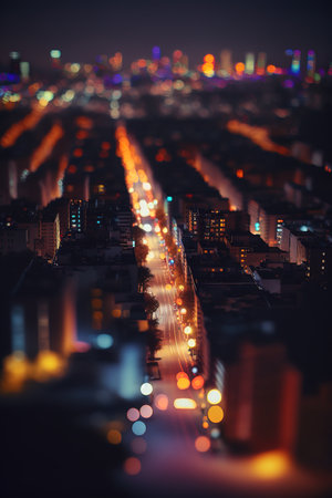 Miniature architectural mock up of colorful city lights at night. Generative AI vertical illustrationの素材