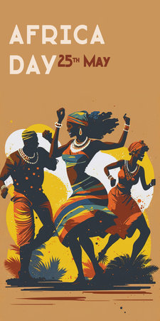 Three African people dancing and having fun with traditional African clothes. African Day concept. Generative AI Vertical illustrationの素材