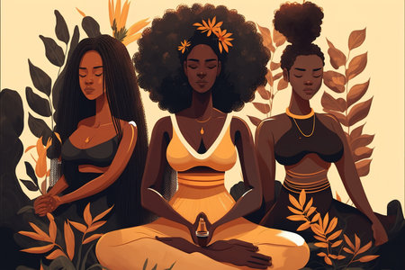 Three African American women meditating. Wellness and spirituality concept. Generative AI illustrationの素材