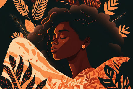 Colorful illustration of black woman with ornamental floral design. Creative AI bannerの素材