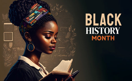 Black History Month concept. Young woman reading a book portrait. Generative AI illustrationの素材