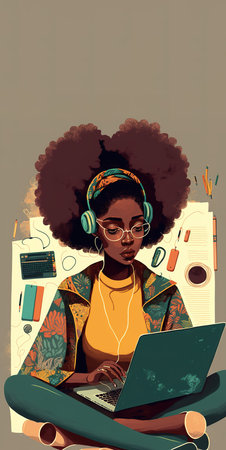 African American young woman using laptop and listening to music with headphones. Generative AI Vertical poster with copy space aboveの素材