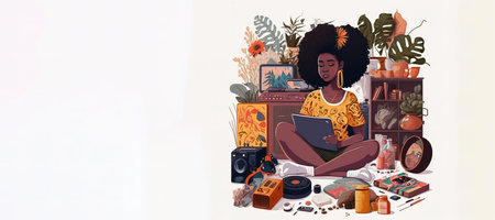 African-American artist woman sitting on the floor of her room. White background. copy space for text. Generative AI illustrationの素材