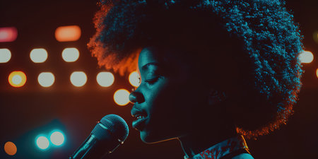 African American woman singing at club, profile portrait with copy space. Generative AI illustrationの素材