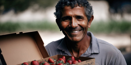 Senior Latin American merchant man holding a box of fresh strawberries in the Farmer's Market. Generative AI illustrationの素材