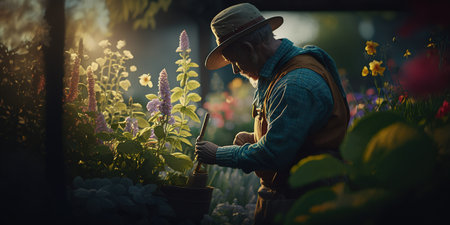 Senior gardener taking care of his plants. Sunset beautiful light. Generative AI illustrationの素材
