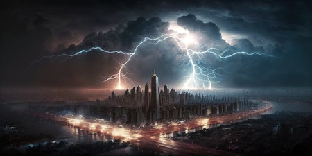 Big Lightning storm in big futuristic city. Landscape illustration. Generative AI illustrationの素材