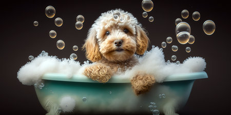 Cute brown poodle puppy having a bath. Bubbles all around. Generative AI illustrationの素材
