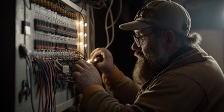 Electrician man working on switchboard. Generative AI illustrationの素材