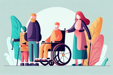 Family representing disability inclusion. Flat design minimalist illustration concept. Generative AI Illustrationの素材