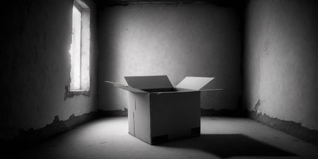 Empty box in empty room. Black and White photography style. Loneliness and mental health concept. Generative AI Illustrationの素材