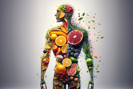 Human body made of heathy food. Nutrition and diet banner. Generative AI Illustrationの素材