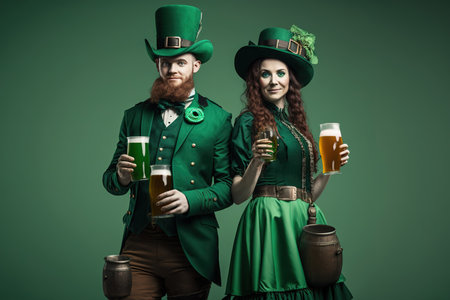 Couple with St. Patrick's Day costume and drinking beer over green background. Studio shot style. Generative AI Illustrationの素材