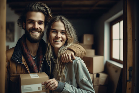 Couple smiling at camera after moving in their own new home. Cardboard boxes as background. Generative AI Illustrationの素材