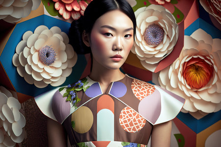 Colorful Asian woman portrait. Flowers wall background. Generative AI illustrationの素材