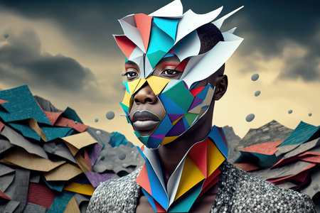 African model wearing surreal abstract mask. Generative AI illustrationの素材
