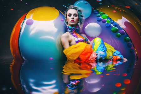 Colorful Fashion Magazine cover style. Woman sitting on the water with colorful balloons as background. Generative AI Illustrationの素材