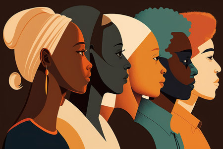 Profile portrait of African people of different generations. Black background. Generative AI Illustrationの素材